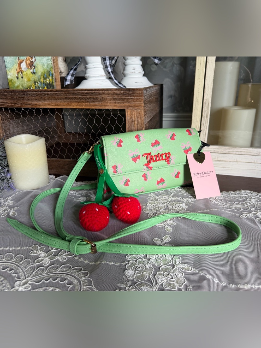NWT Juicy Couture Retro Green Strawberry Shoulder Bag Red Logo Crossbody Purse